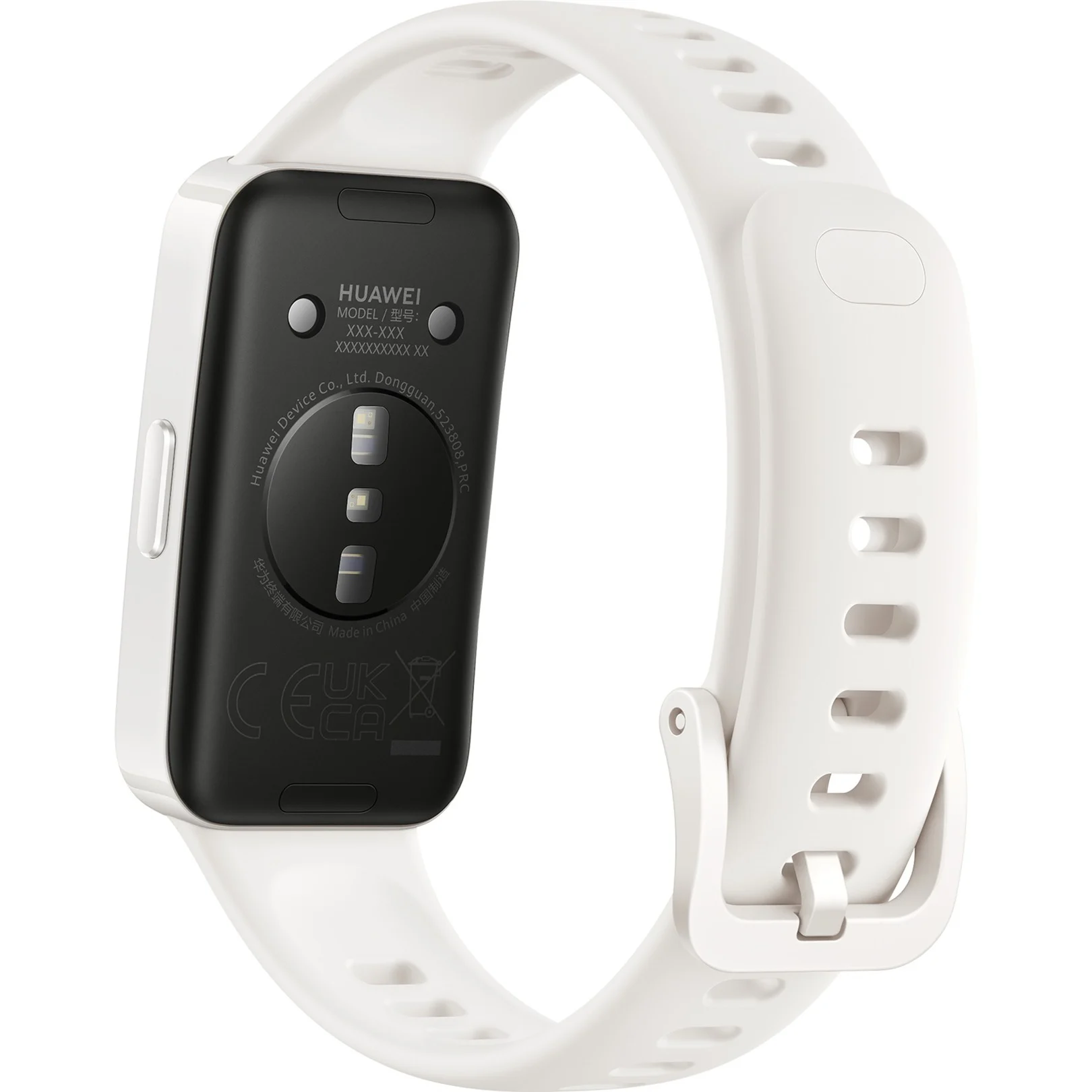 Biały smartwatch na białym pasku. Widoczny jest tył zegarka.