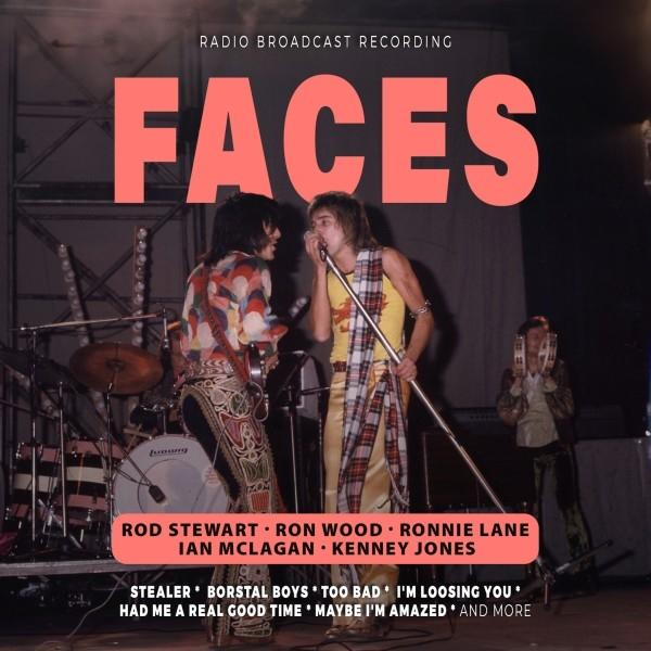Albumcover mit dem Wort "FACES" in Rot und einem Foto einer Live-Band auf der Bühne mit Rod Stewart.