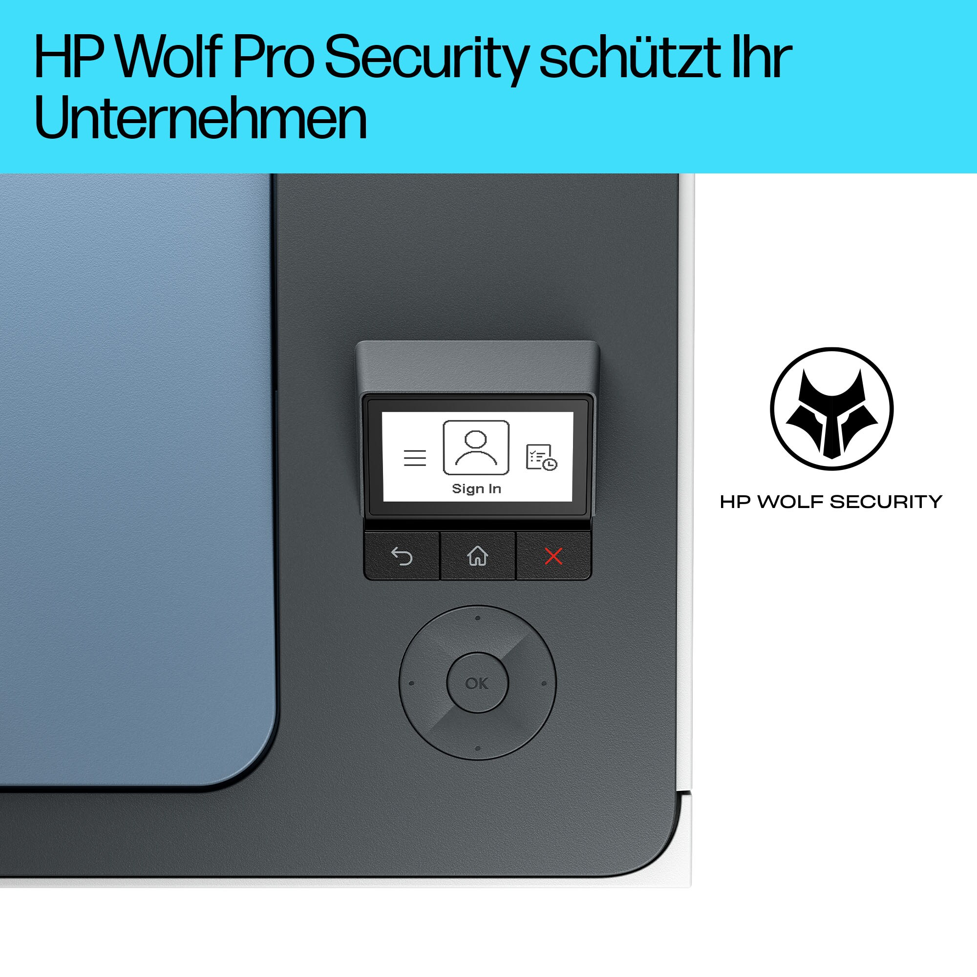 Nahaufnahme des Bedienfelds eines Druckers mit kleinem Bildschirm und Tasten. HP Wolf Pro Security Logo.