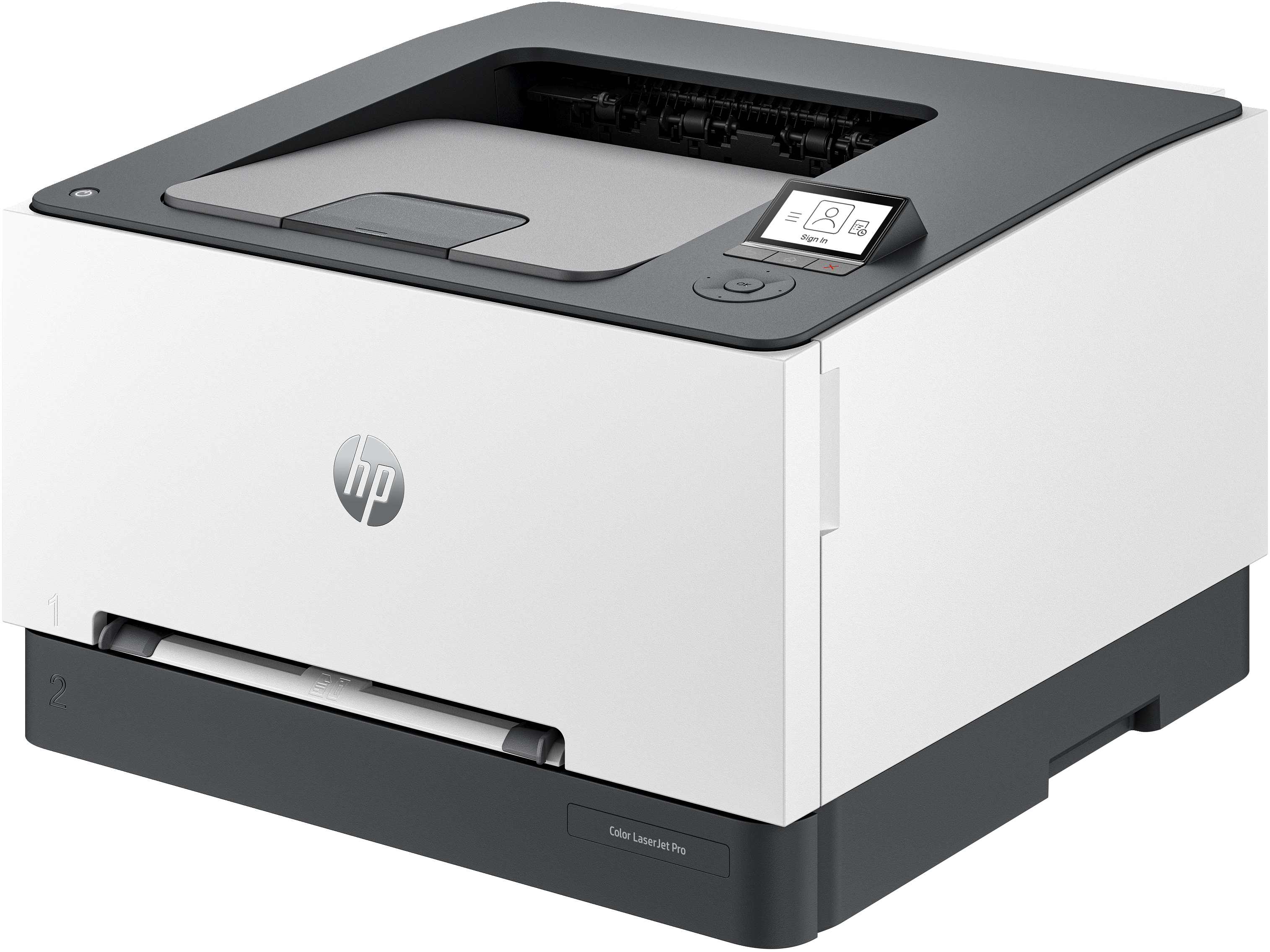 Ein weißer und grauer HP Color LaserJet Pro Drucker auf weißem Hintergrund.