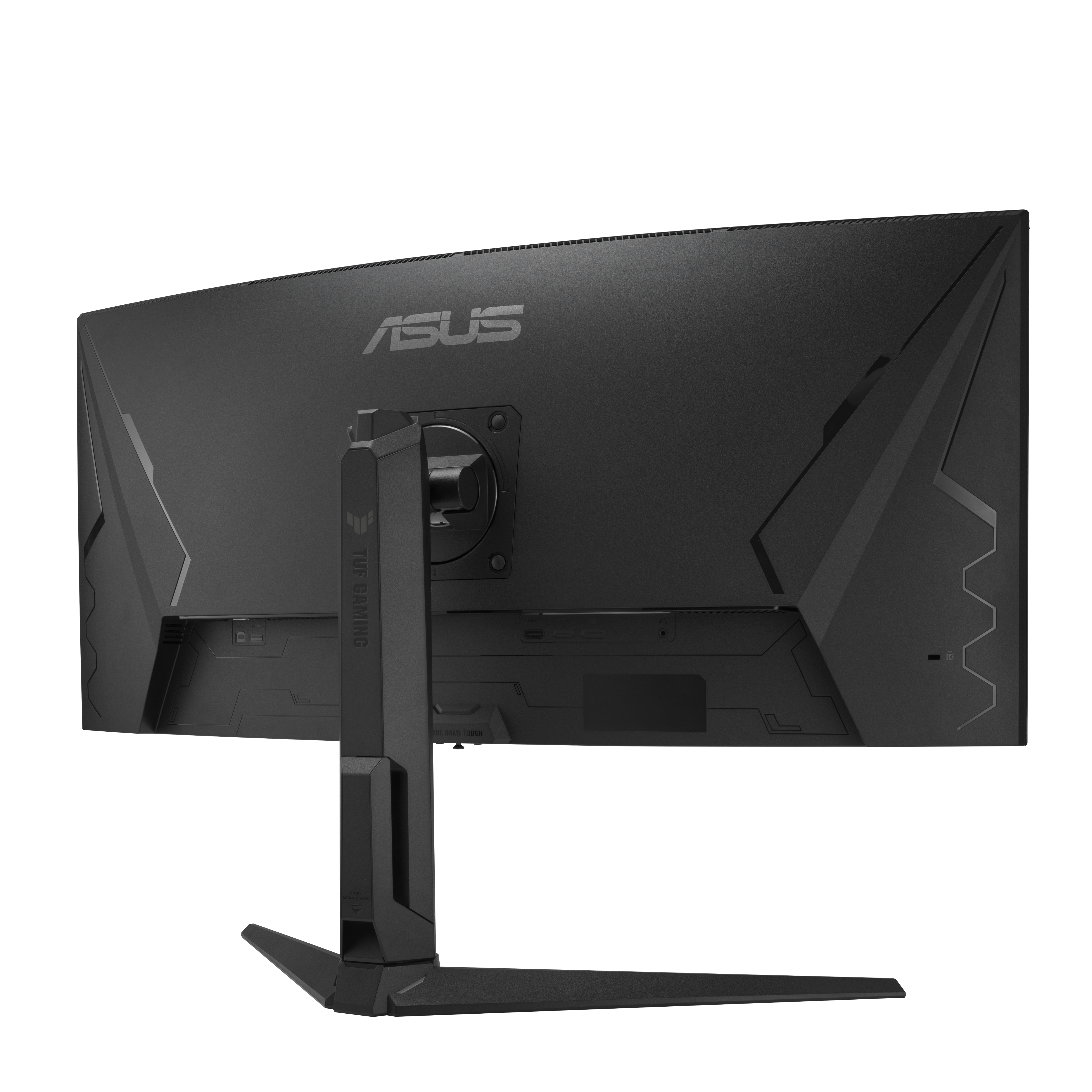 Rückseite eines schwarzen ASUS-Monitors mit ASUS-Logo und Ständer. Der Monitor ist gewölbt.