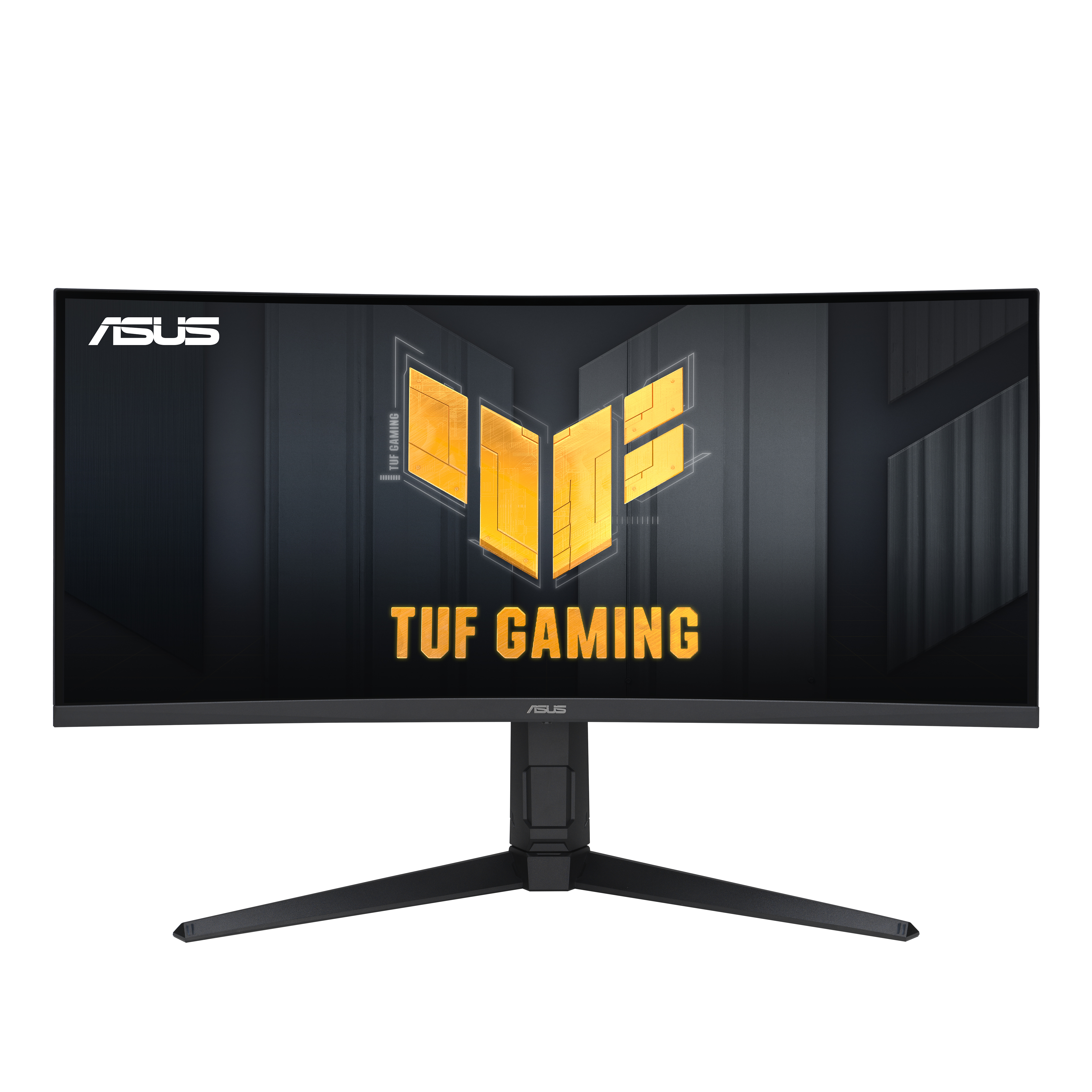 Gebogener Asus TUF Gaming Monitor mit schwarzem Ständer und gelbem Logo.