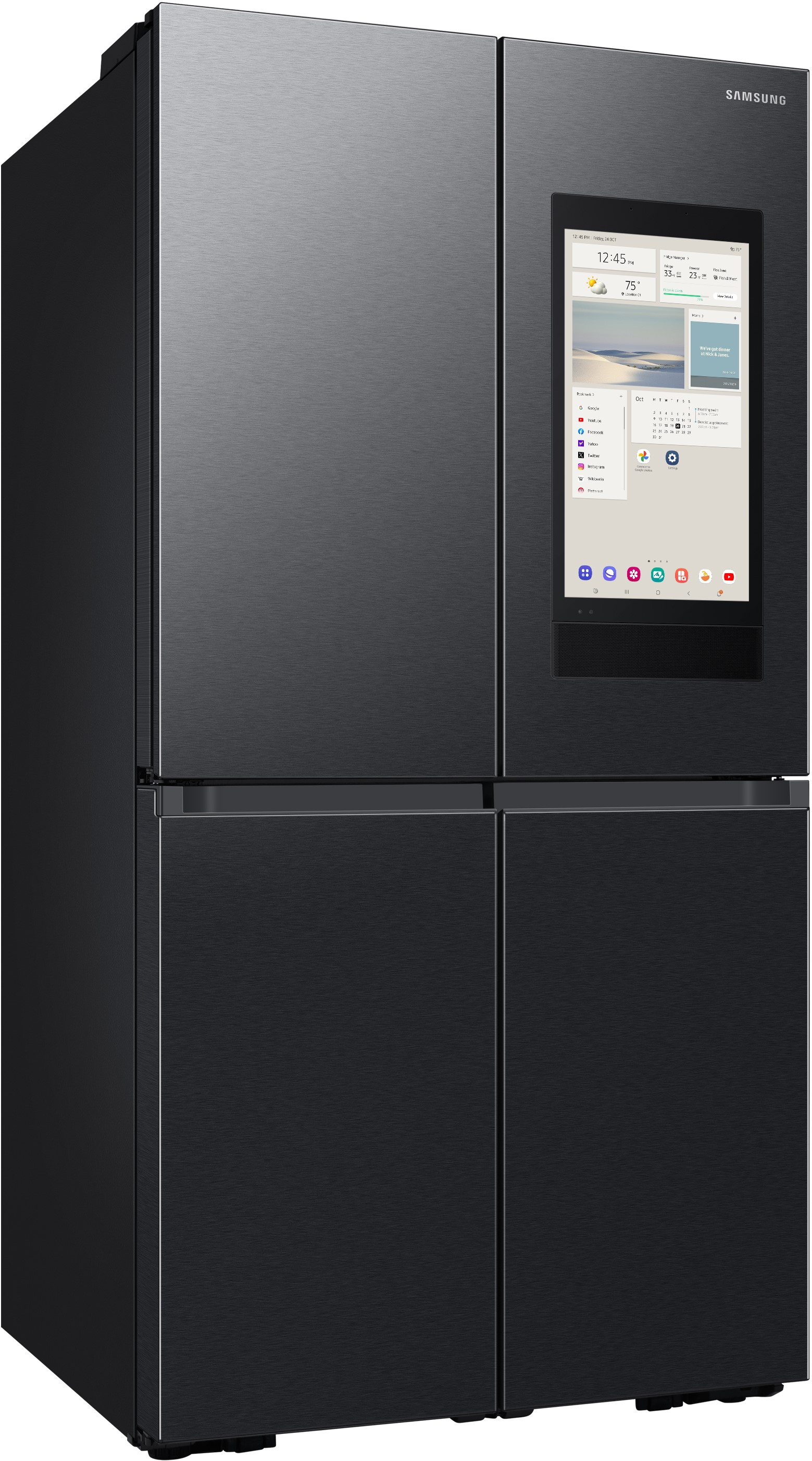 Schwarzer Samsung-Kühlschrank mit großem Touchscreen an der Tür.