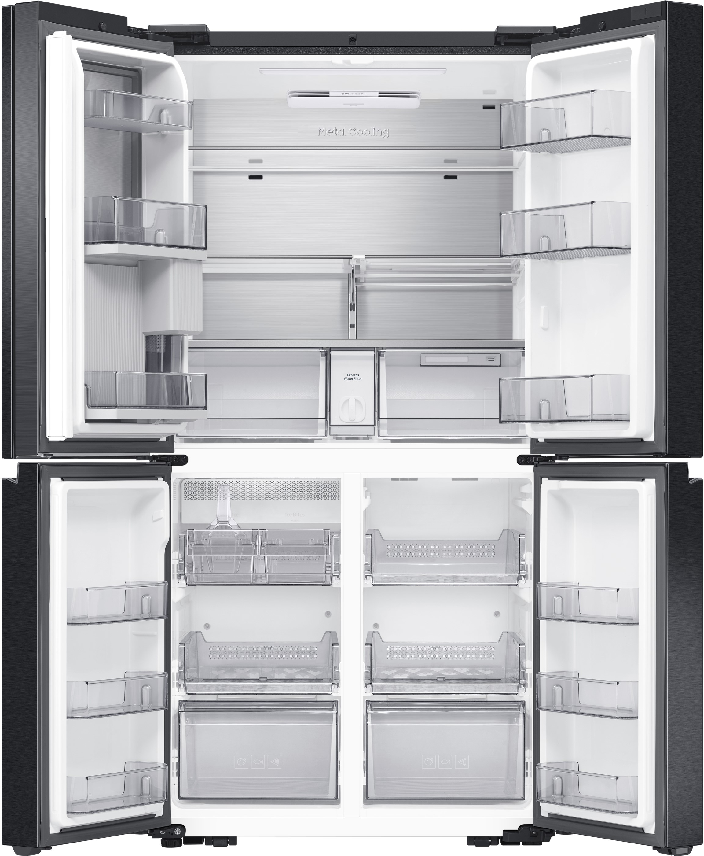 Geöffneter schwarzer Samsung Kühlschrank mit mehreren Regalen und Schubladen, zeigt die Innenorganisation.