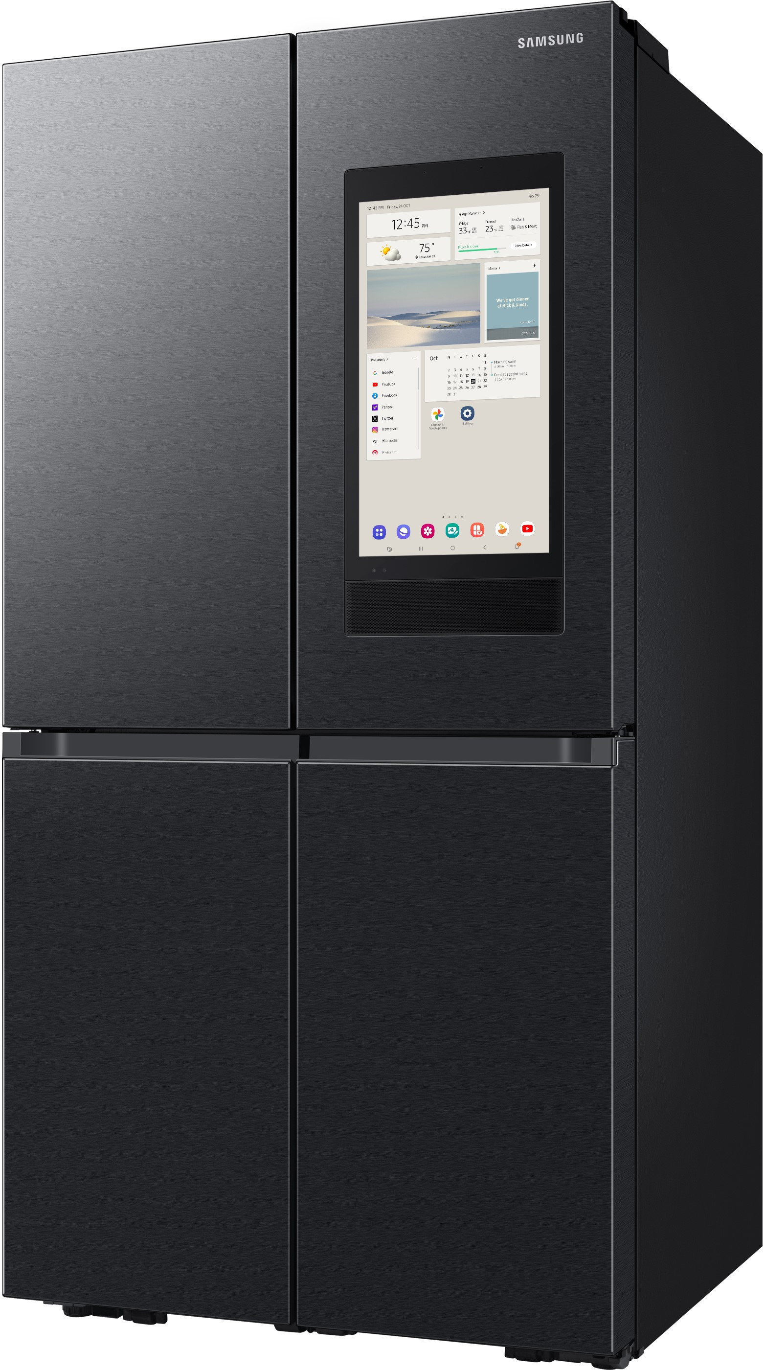 Schwarzer Samsung-Kühlschrank mit großem Touchscreen an einer Tür. Vier Türen.