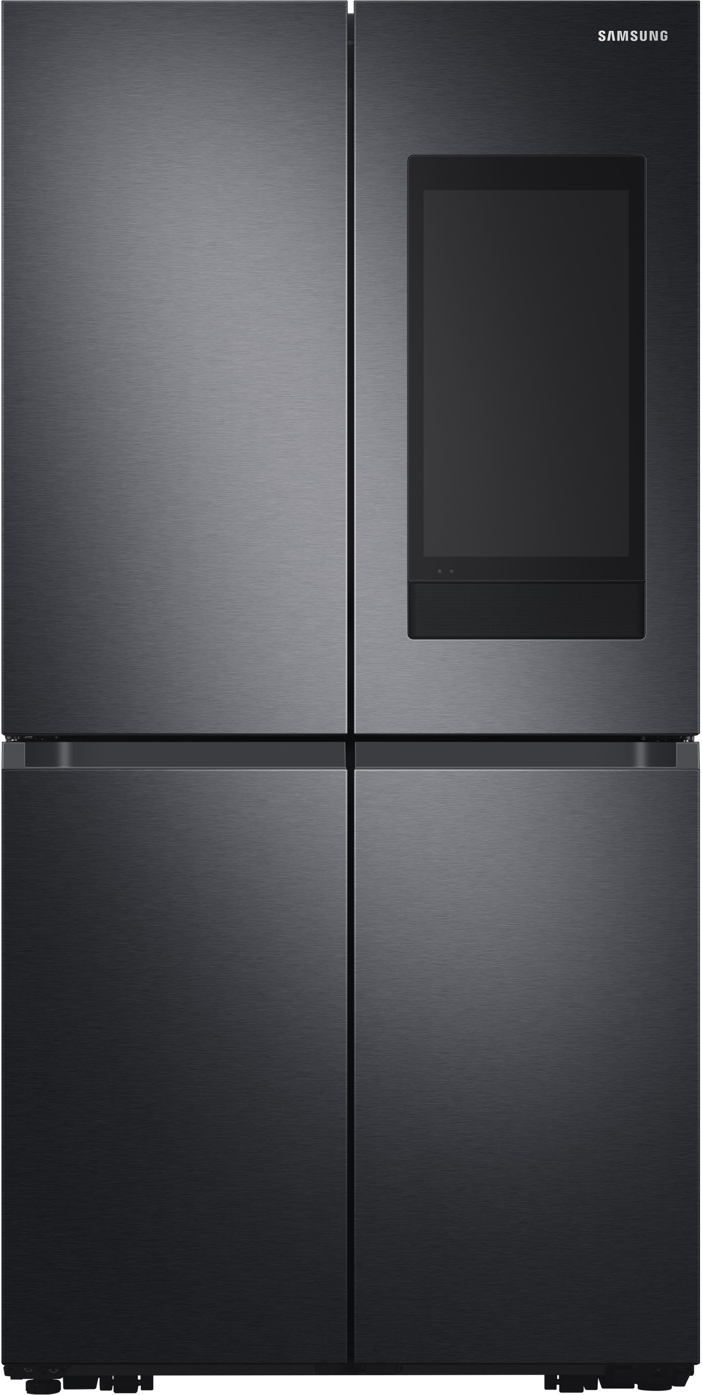 Schwarzer Samsung Kühlschrank, vier Türen, geschlossen.