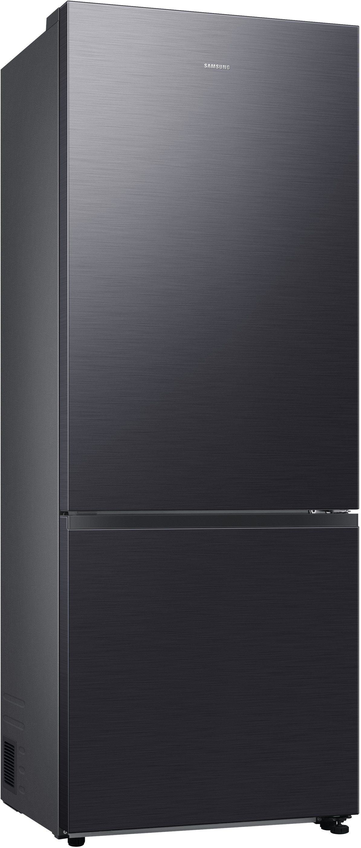 Ein schwarzer Kühlschrank mit zwei Türen, modernes Design.