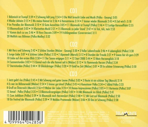 CDs mit gelbem Hintergrund und Songtiteln.