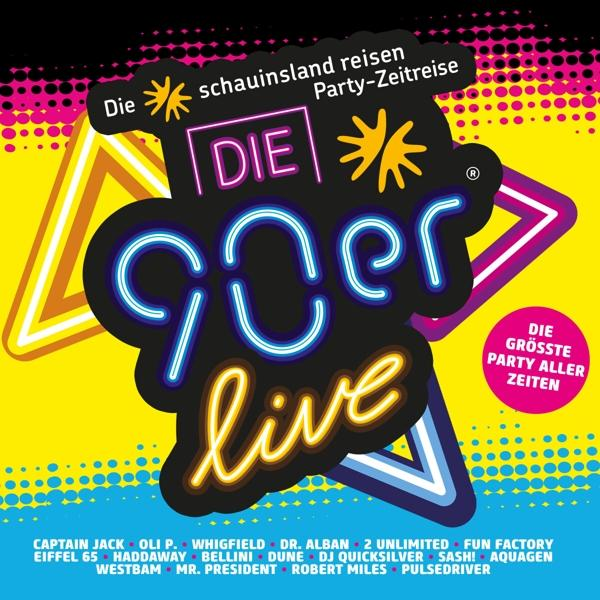 Albumcover mit Neontext und geometrischen Formen, das für ein 90er-Live-Musik-Event wirbt.