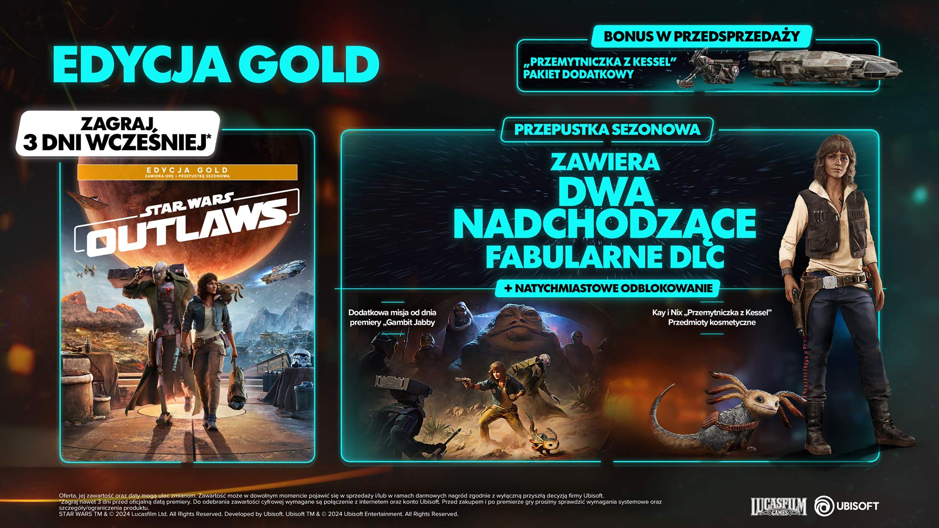 Pudełko gry Star Wars: Outlaws Gold Edition z postaciami.