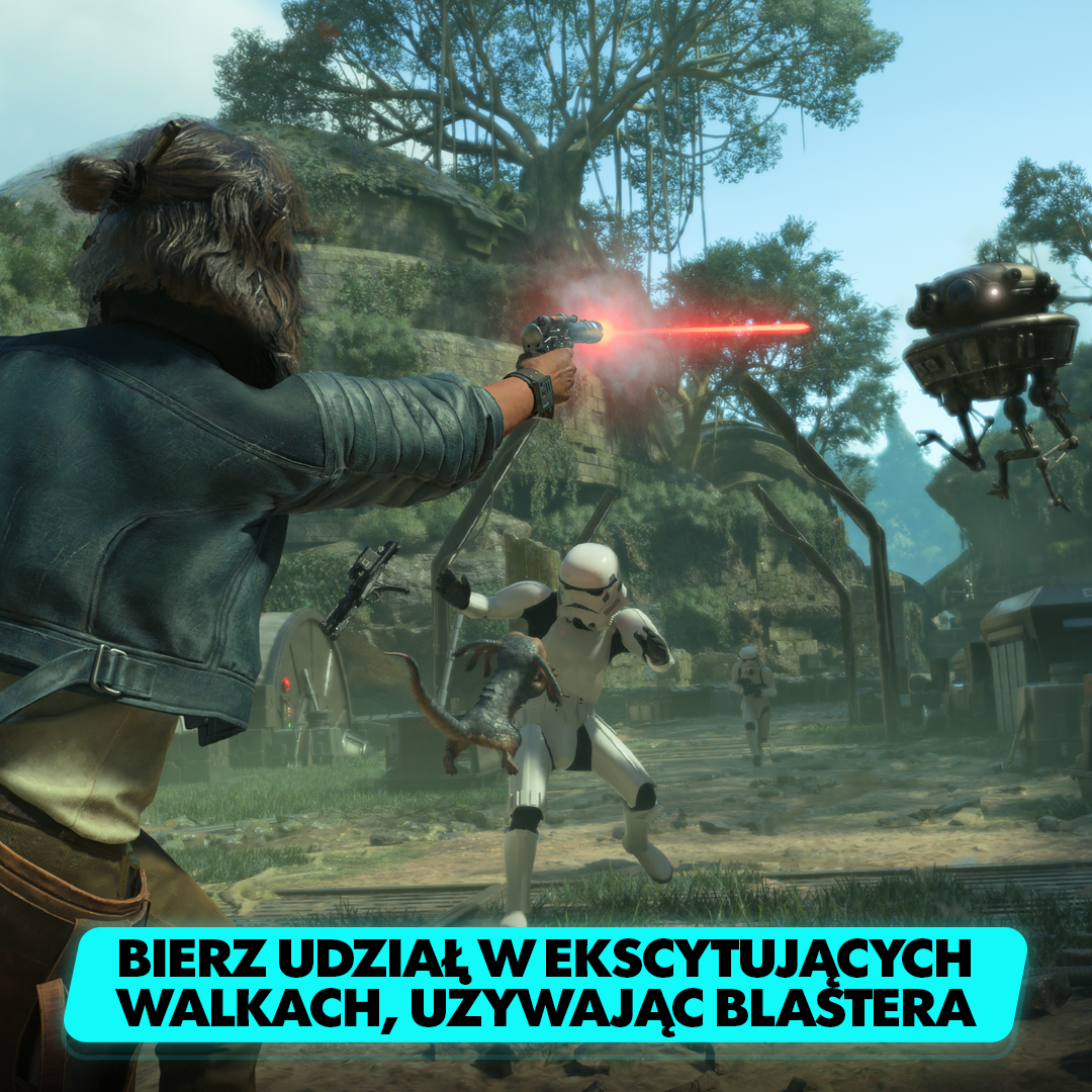 Scena z gry Star Wars: postać strzela z blastera, z robotem i szturmowcami.