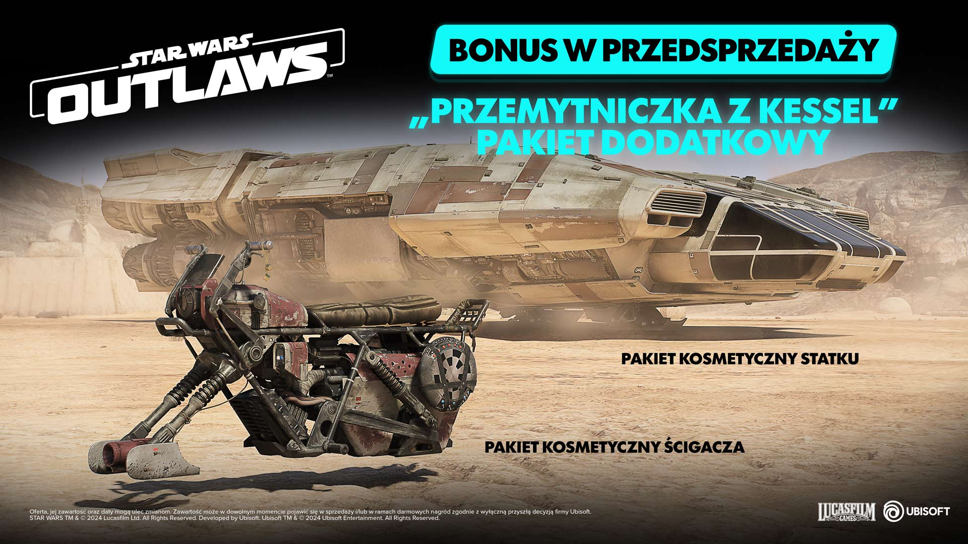 Obraz promocyjny Star Wars Outlaws z statkiem kosmicznym, ścigaczem i tekstem.