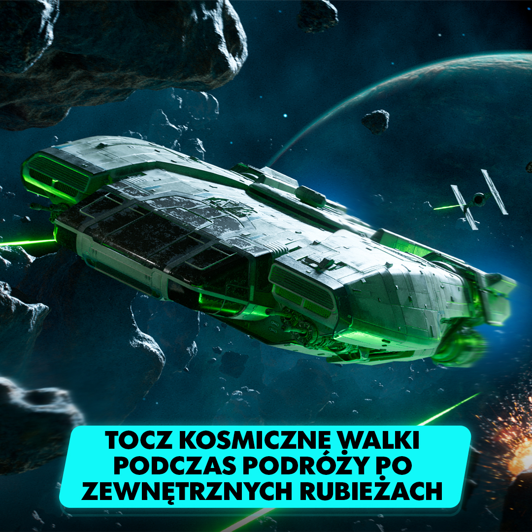 Scena bitwy kosmicznej z statkiem kosmicznym, asteroidami i planetą, z tekstem w języku polskim.