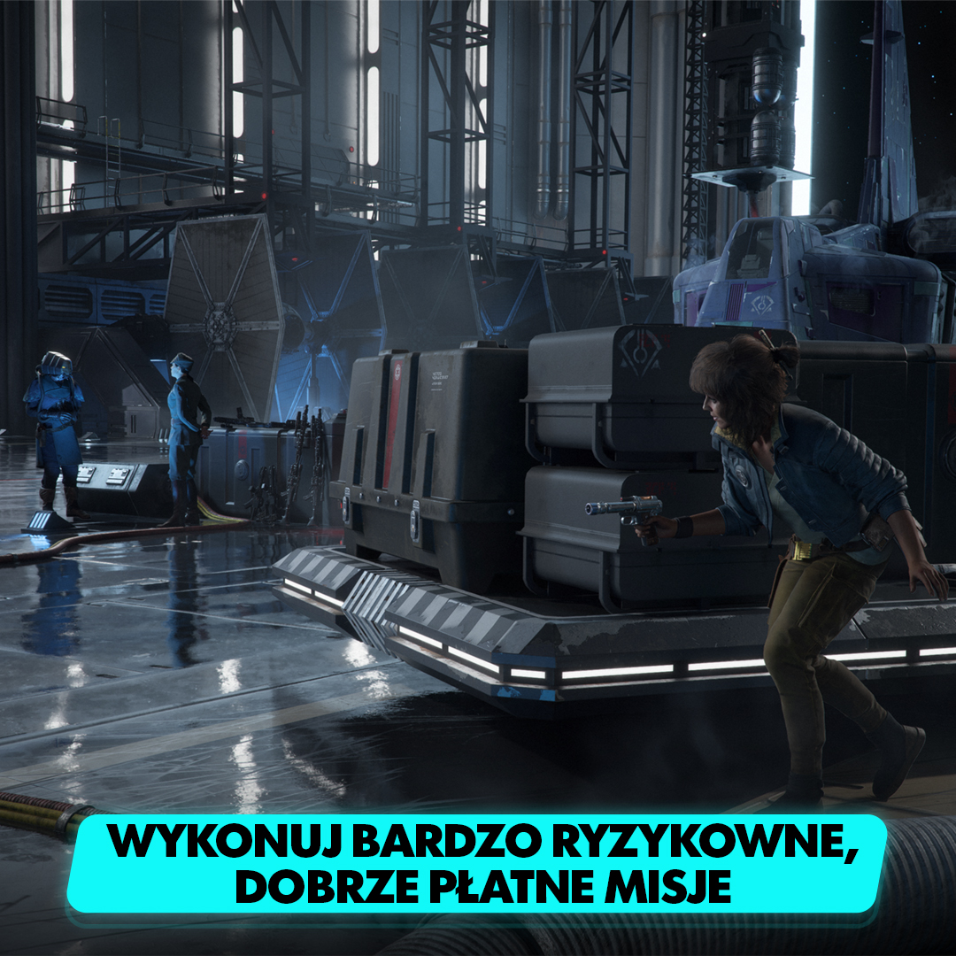 Kobieta w scenerii science-fiction z tekstem „BARDZO RYZYKOWNE, DOBRZE PŁATNE MISJE”.