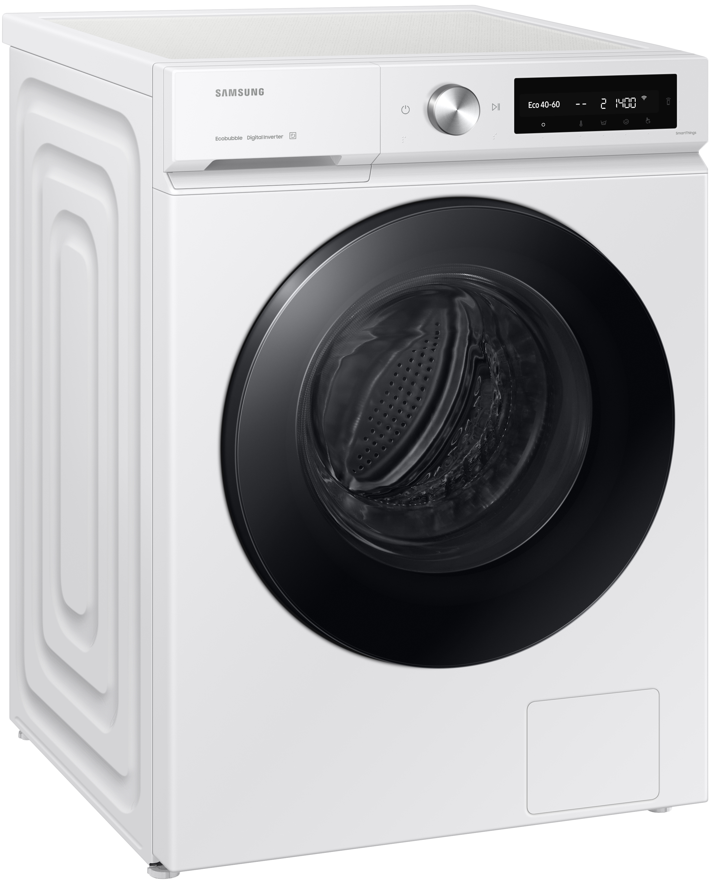 Weiße Waschmaschine mit schwarzer Tür. Der Markenname ist Samsung.