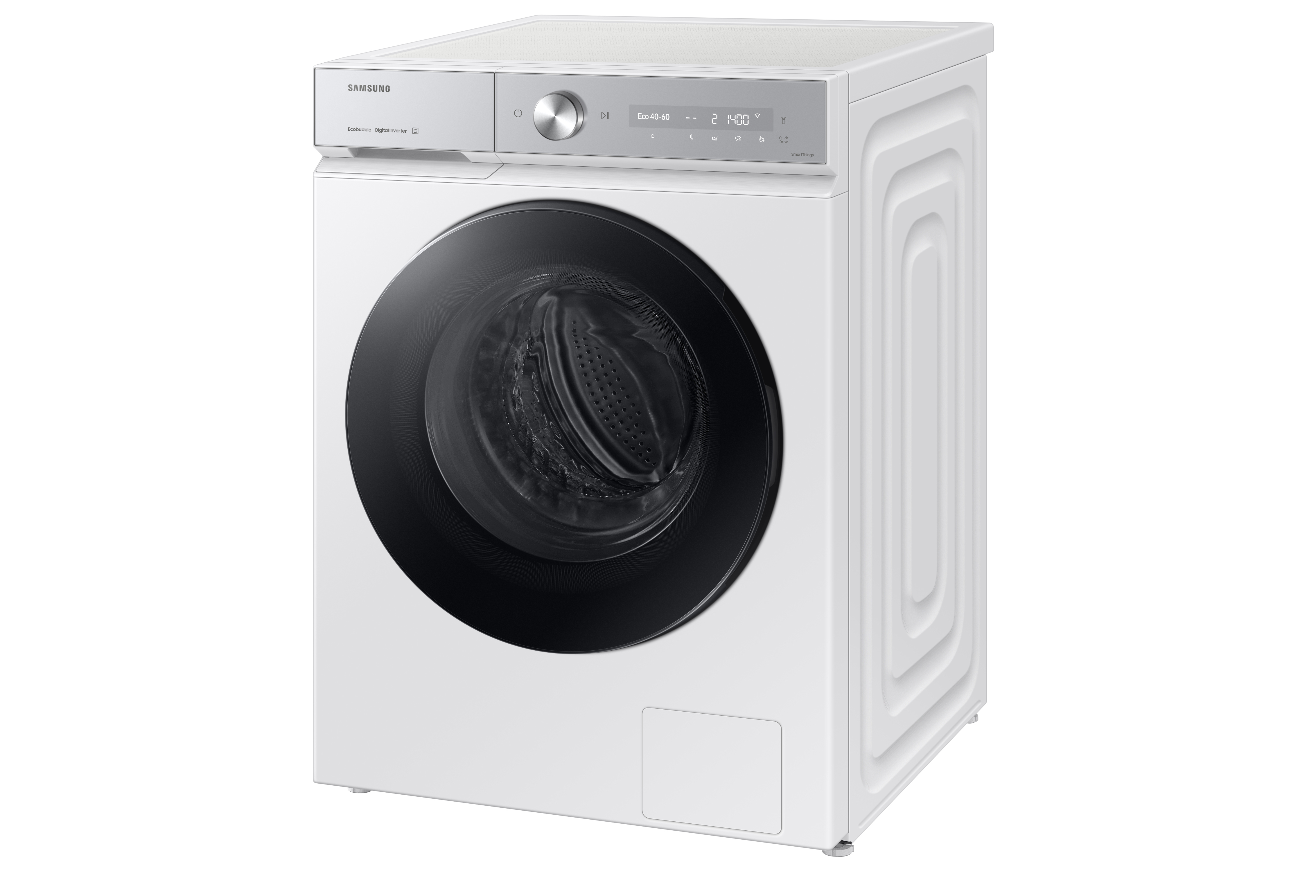 Eine weiße Samsung Waschmaschine mit schwarzer Tür und Bedienfeld oben.