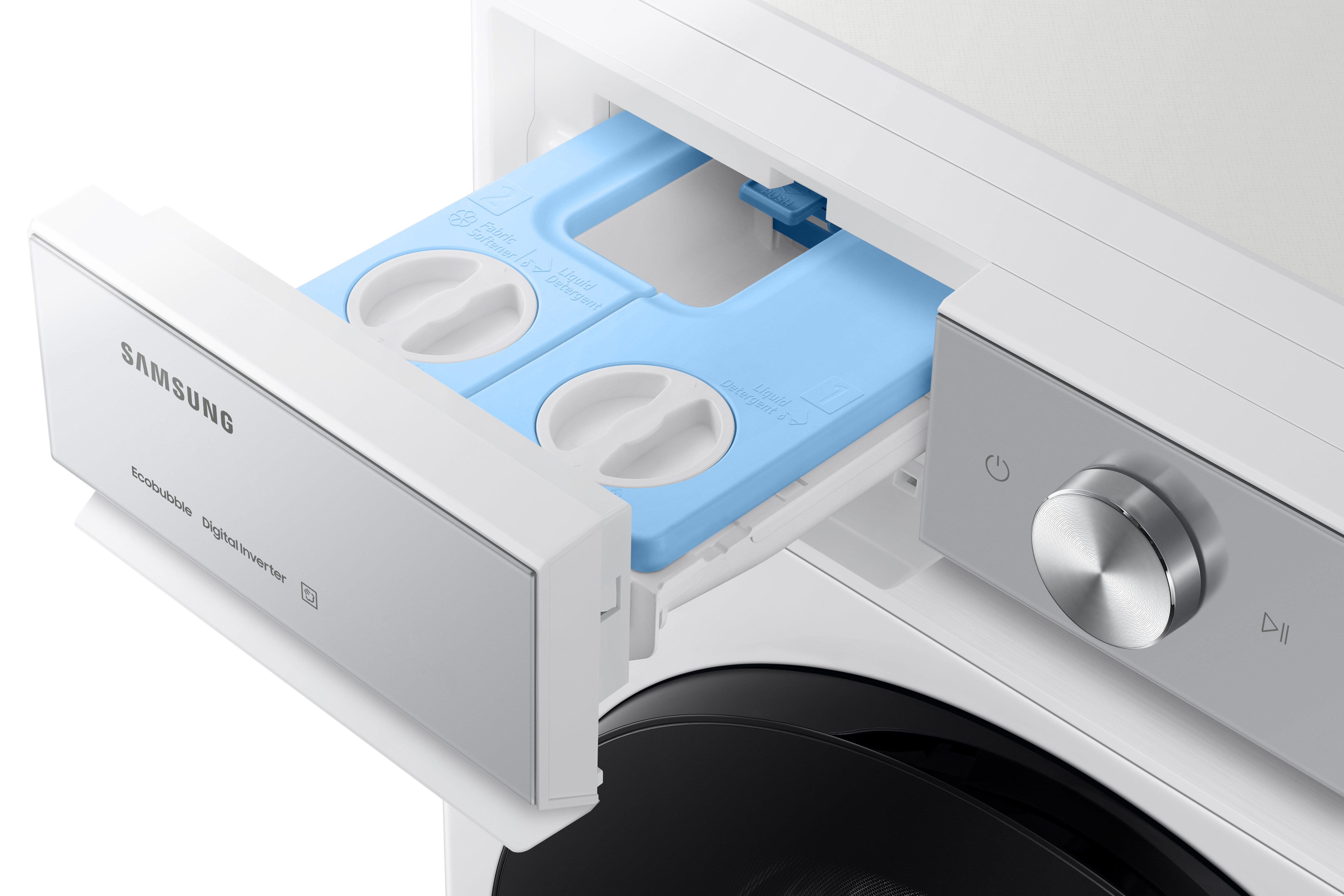 Weiße Waschmaschine mit geöffneter Waschmittelschublade. Blaue Fächer für Flüssig- und Pulverwaschmittel.