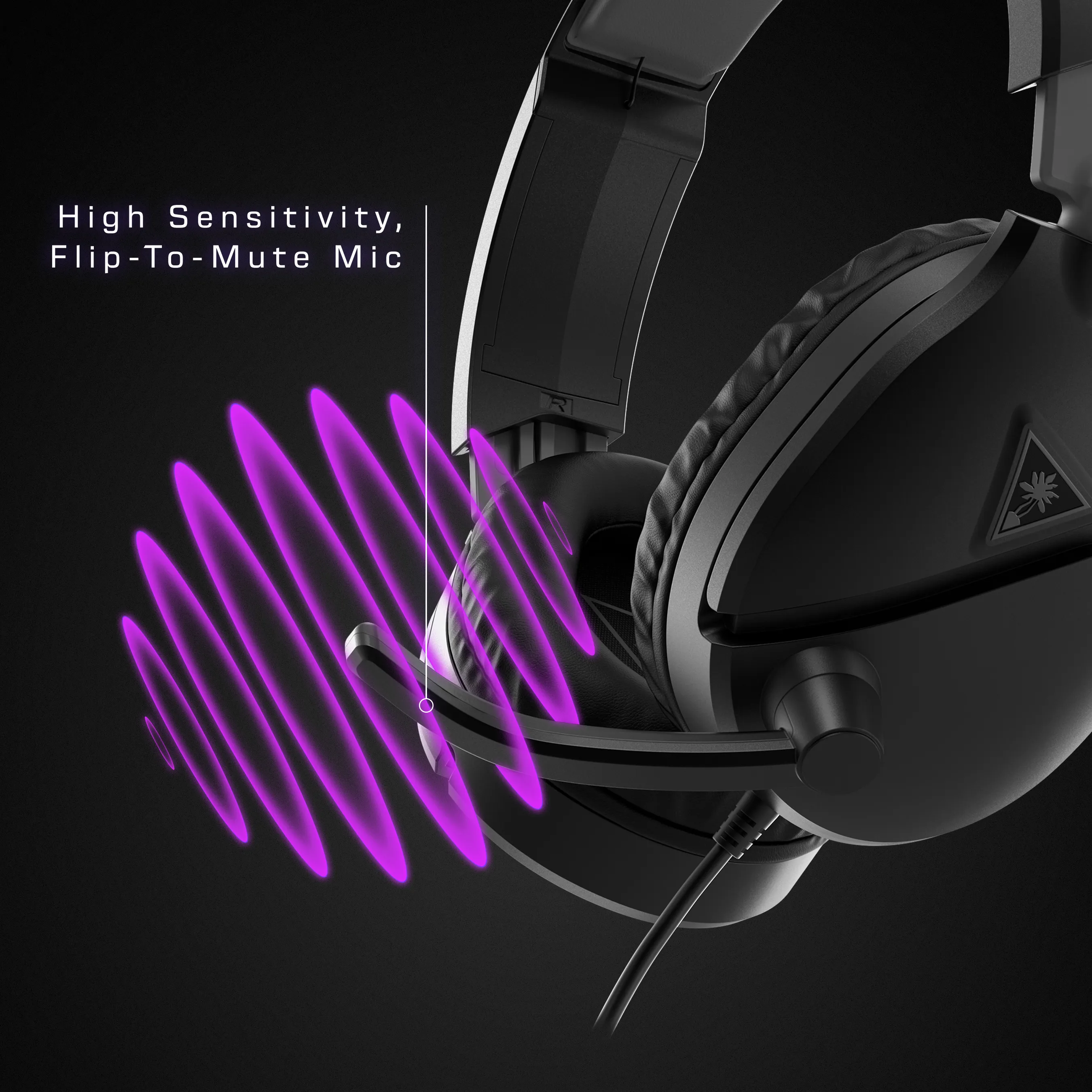 Cuffie da gioco nere con microfono flip-to-mute e onde sonore viola.