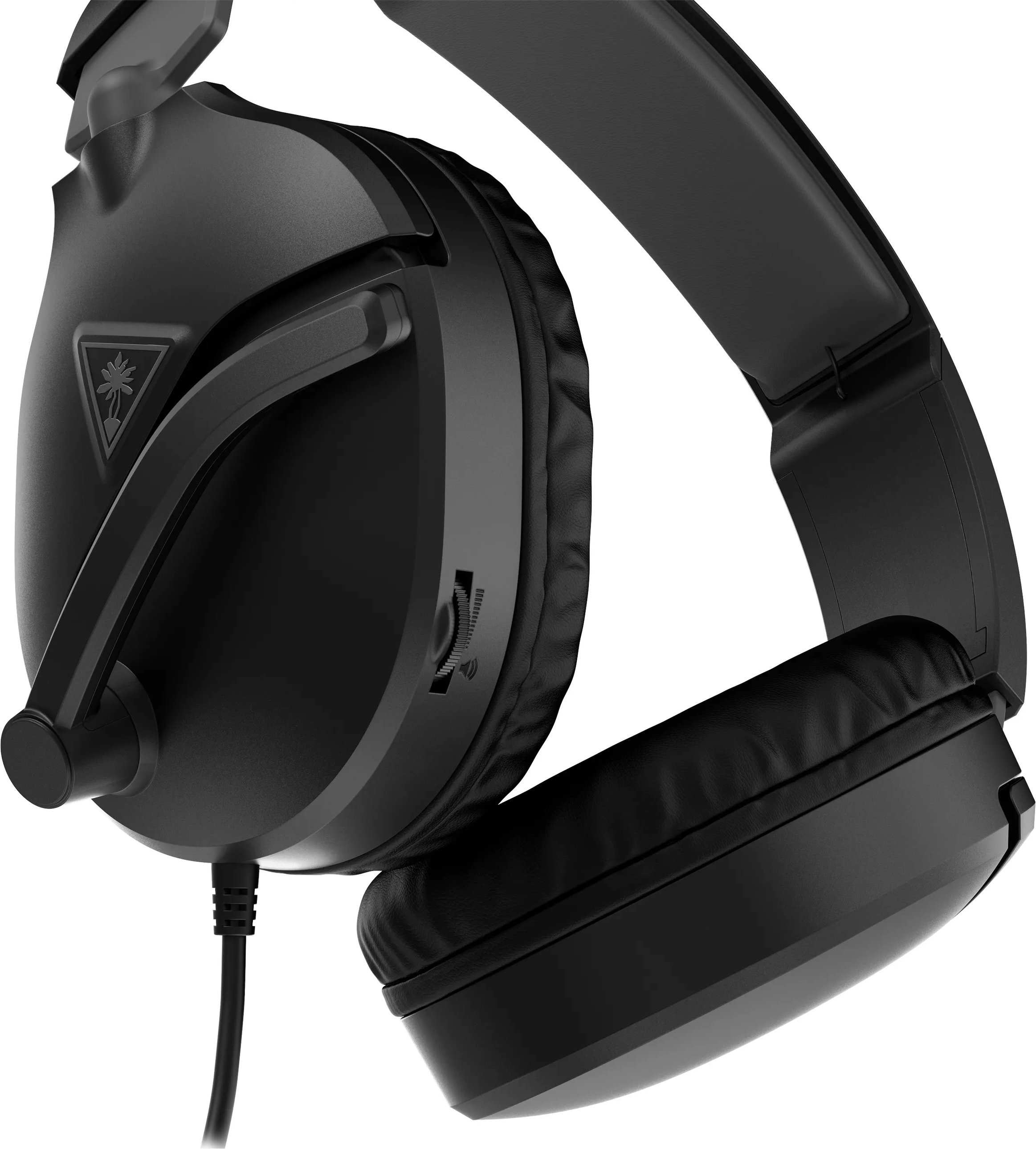 Cuffie da gioco nere con microfono e controllo del volume, angolate per un primo piano.