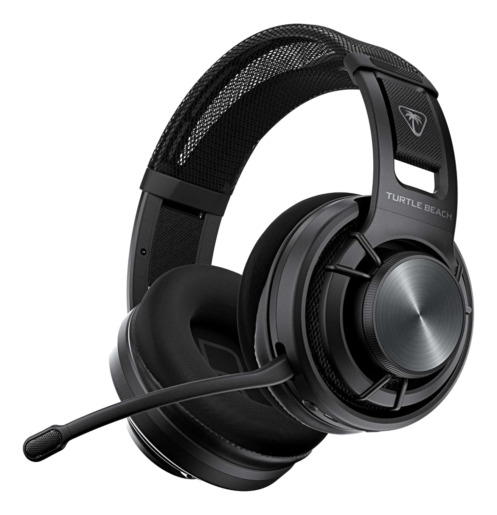 Schwarze Turtle Beach Gaming-Kopfhörer mit Mikrofon auf schwarzem Hintergrund.