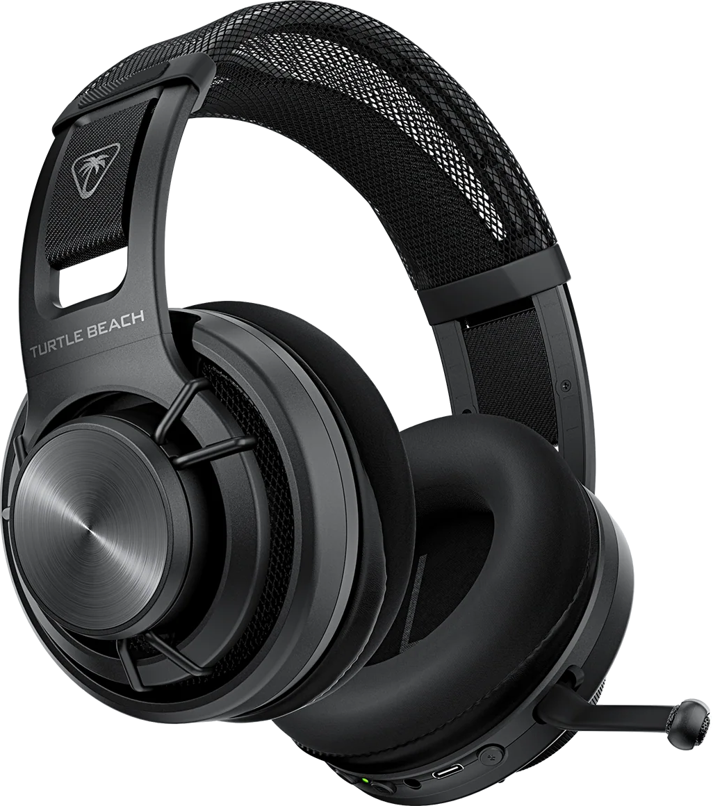 Ein schwarzes Turtle Beach Gaming-Headset mit Mikrofon. Das Headset hat ein Mesh-Stirnband und Ohrmuscheln.