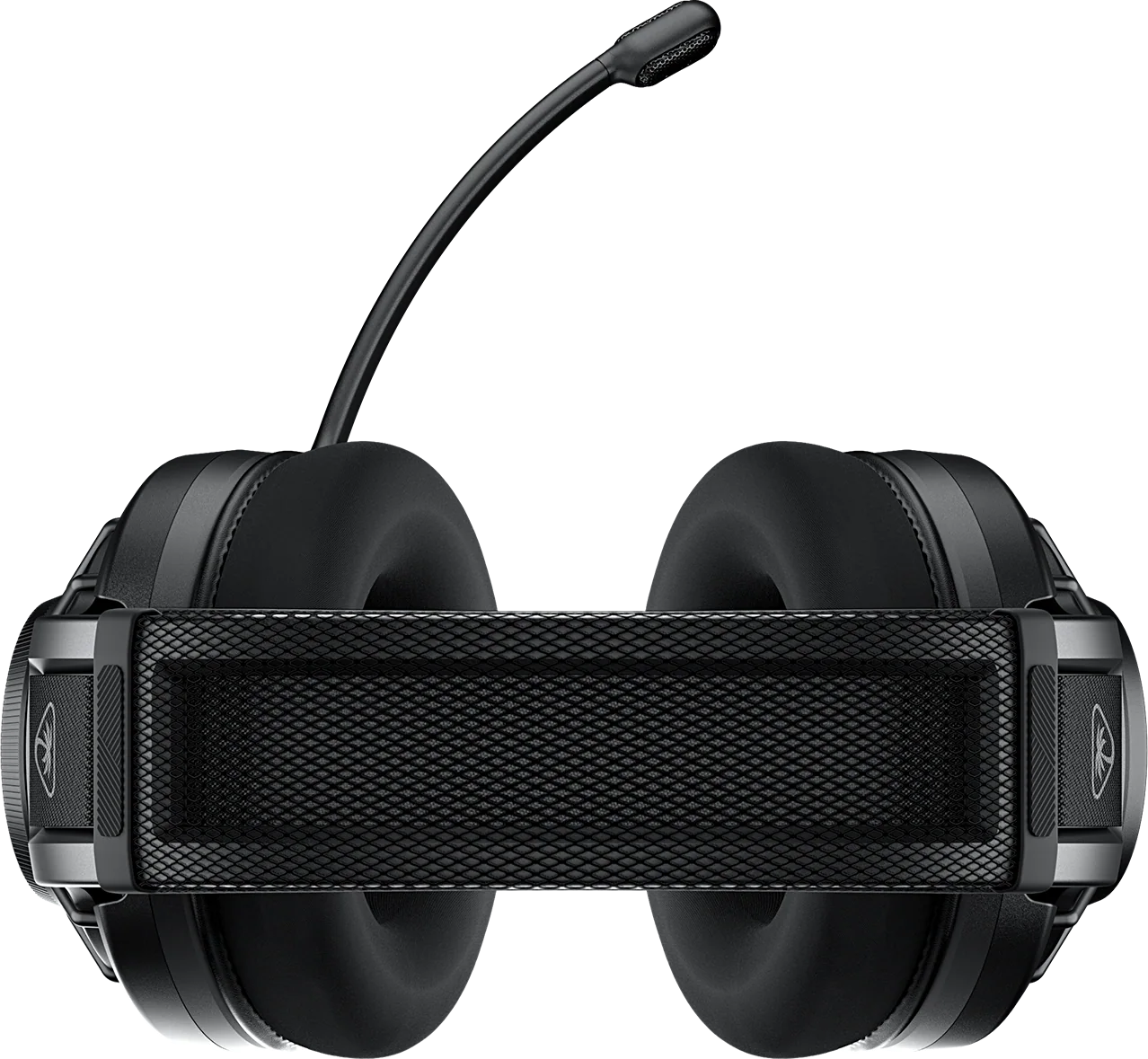 Schwarzes Headset mit Mikrofon. Das Headset hat zwei Ohrmuscheln und ein Kopfband mit Mesh-Detail.