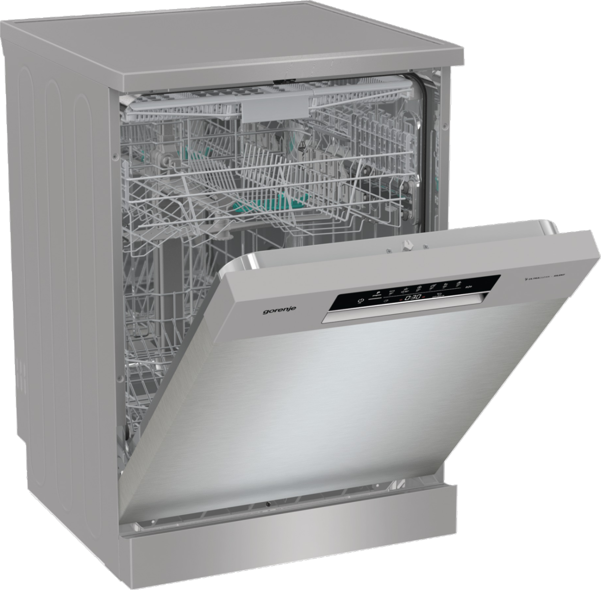 Srebrna zmywarka z otwartymi drzwiami. Wnętrze pokazuje półki i naczynia.