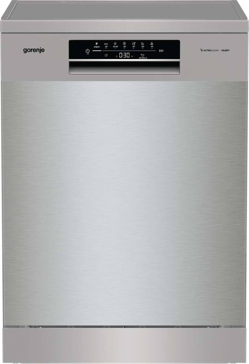 Srebrna zmywarka z cyfrowym wyświetlaczem pokazującym pozostały czas, czysty i minimalistyczny design.