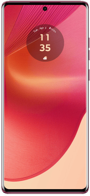 Smartfon wyświetla czerwono-pomarańczową abstrakcyjną tapetę z zegarem pokazującym 11:35.