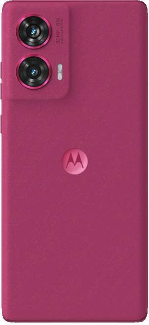 Tył różowego telefonu Motorola z podwójnymi obiektywami i logo Motorola.
