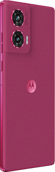 Tył różowego smartfona Motorola z dwoma aparatami i logo.
