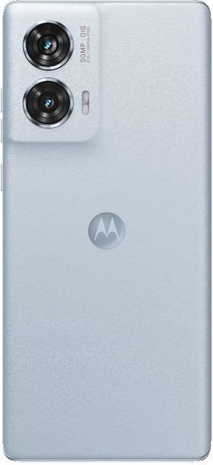 Jasnoniebieski tył telefonu Motorola, dwa obiektywy i logo.
