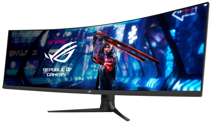 Zakrzywiony monitor do gier z mężczyzną trzymającym miecz i logo ROG.