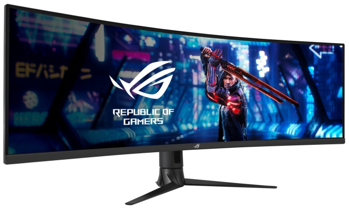 Zakrzywiony monitor dla graczy z logo Republic of Gamers i sceną z gry.