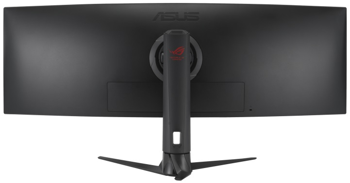 Czarny zakrzywiony monitor z podstawą. Tył ma logo ASUS i porty.