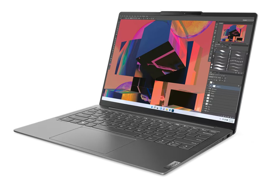 Laptop Lenovo z kolorową klawiaturą, otwarty.