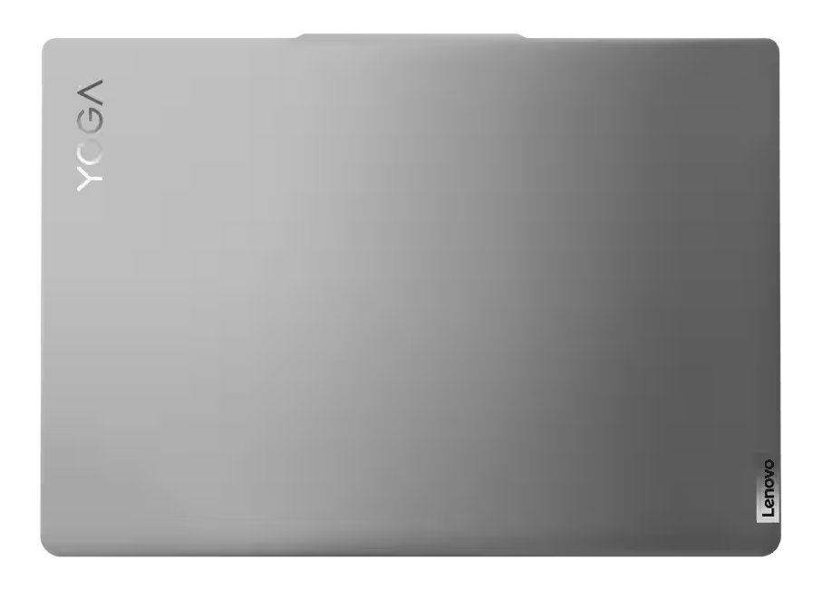 Srebrny laptop Lenovo Yoga zamknięty. Logo YOGA znajduje się na górze. Białe tło.