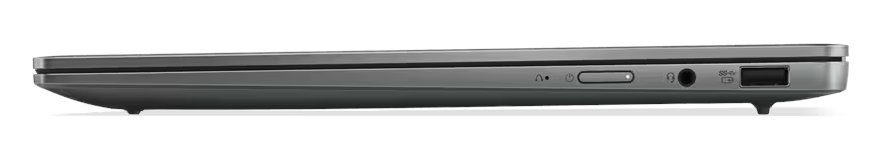 Profil boczny laptopa. Zamknięty laptop. Pokazuje porty słuchawek i USB.