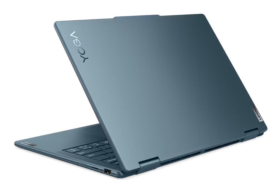 Niebieski laptop, częściowo otwarty. Widoczne logo Lenovo Yoga.
