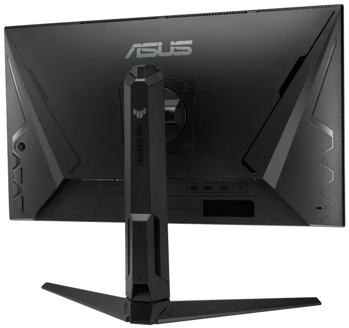 Czarny tył monitora ASUS. Widoczny stojak i porty. Logo ASUS u góry.
