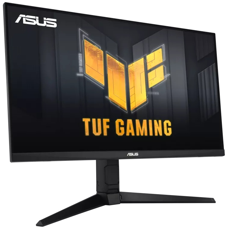 Czarny monitor ASUS TUF Gaming, pod kątem. Ma czarną podstawę. Ekran pokazuje żółte logo.