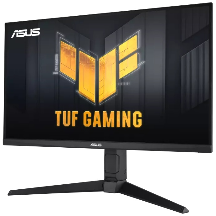 Monitor ASUS TUF GAMING. Czarna ramka ze stojakiem. Ekran wyświetla logo.