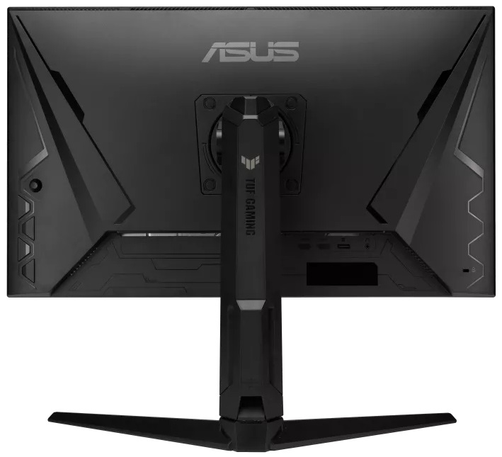 Tył czarnego monitora Asus TUF Gaming ze stojakiem i logo, z portami i otworami wentylacyjnymi.