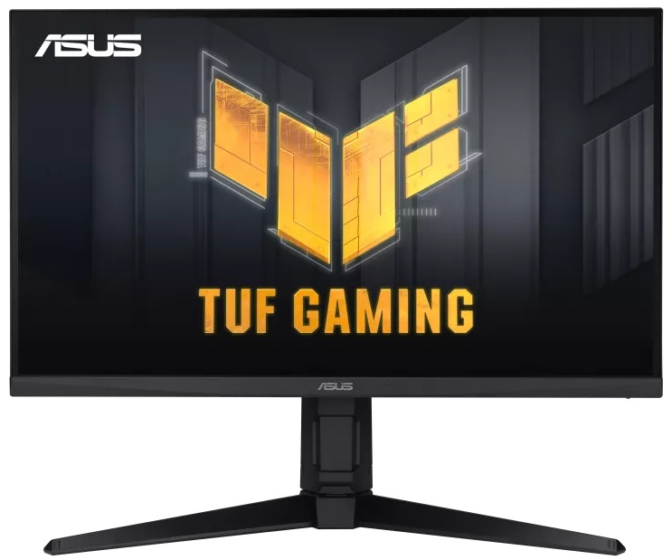 Monitor ASUS TUF GAMING z logo marki i żółtym, kanciastym wzorem na czarnym ekranie.
