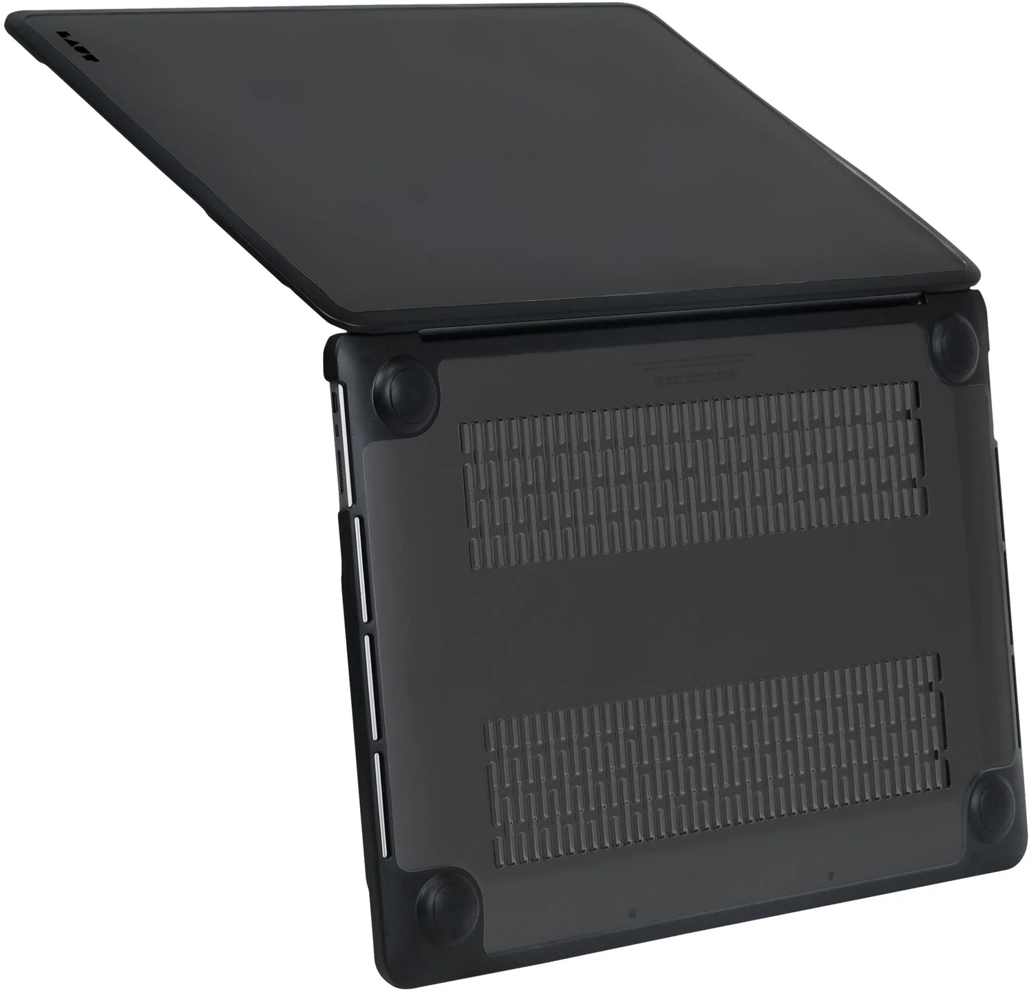 Housse d'ordinateur portable noire, ouverte, révélant le bas avec des trous de ventilation et des pieds en caoutchouc.