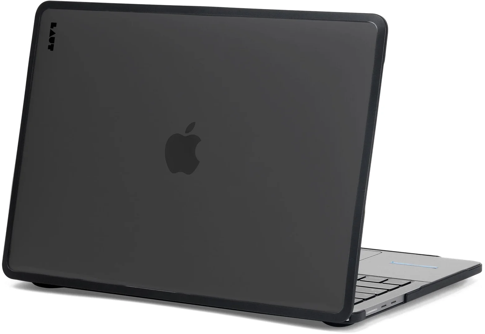 Ordinateur portable noir avec coque et logo Apple.