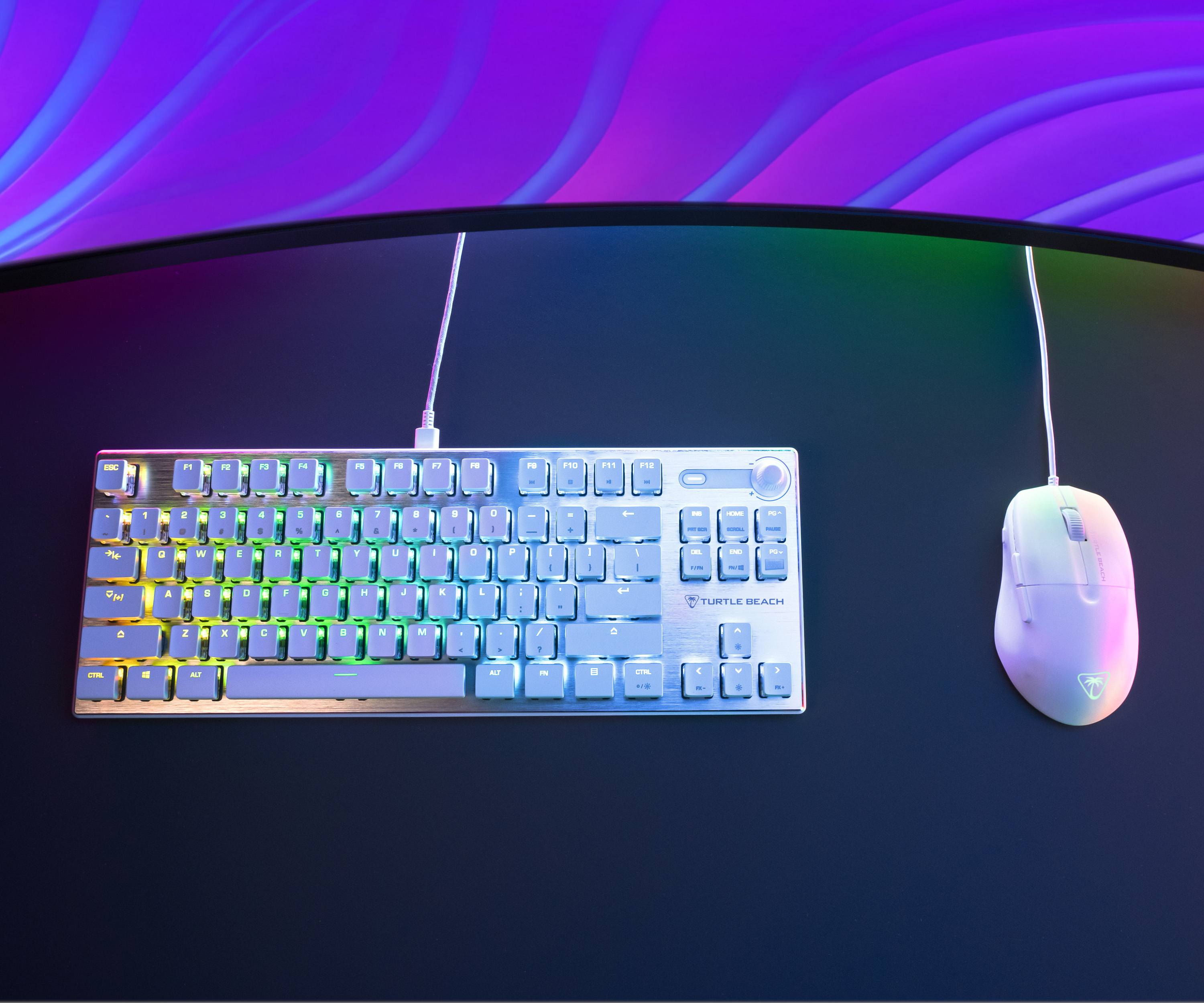 Eine Tastatur und Maus auf einer schwarzen Oberfläche mit farbigen Lichtern. Der Hintergrund ist lila.