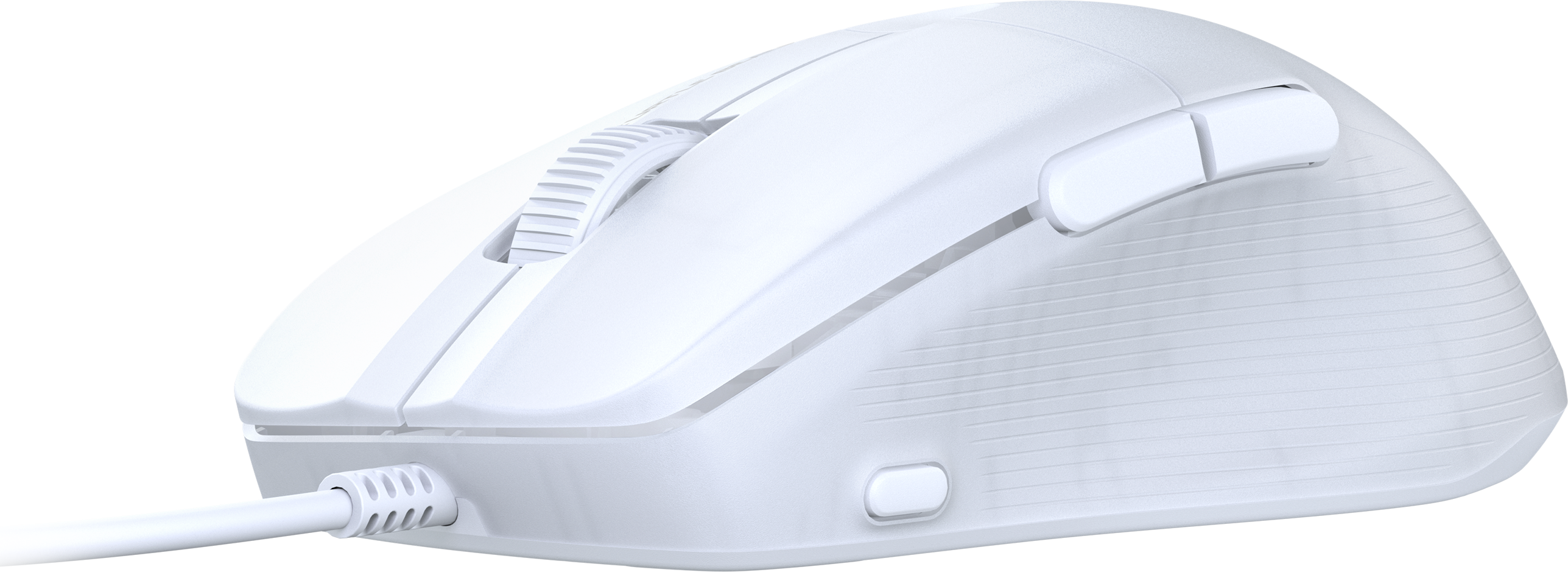 Eine weiße Gaming-Maus mit Seitentasten, einem Scrollrad und einem Kabel.