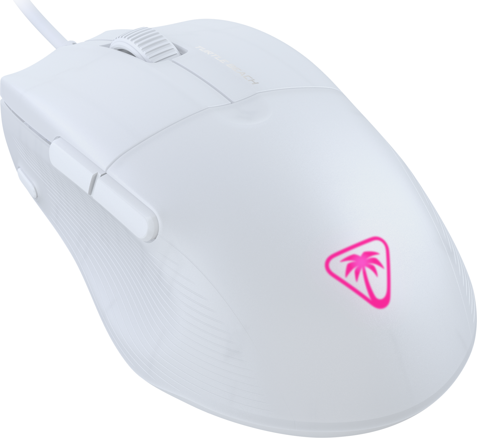 Eine weiße Computermaus mit einem rosa Palmenlogo.