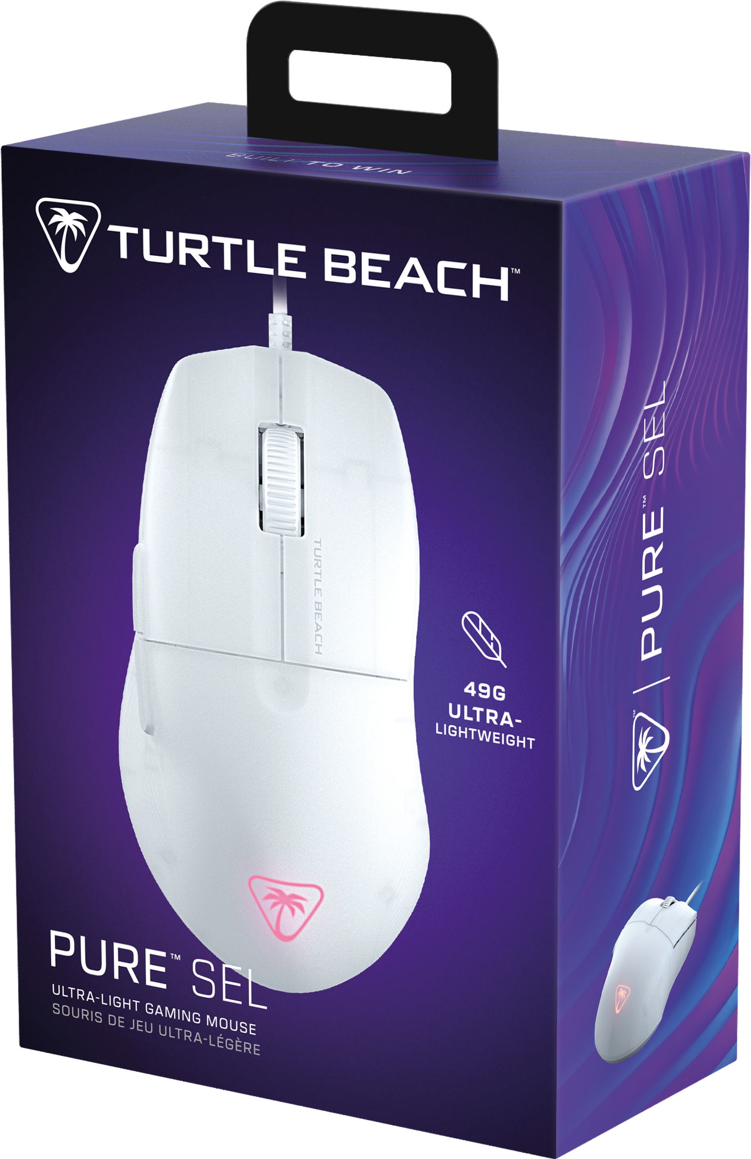 Eine weiße Gaming-Maus in einer Box mit Text und einem kleinen Bild der Maus.